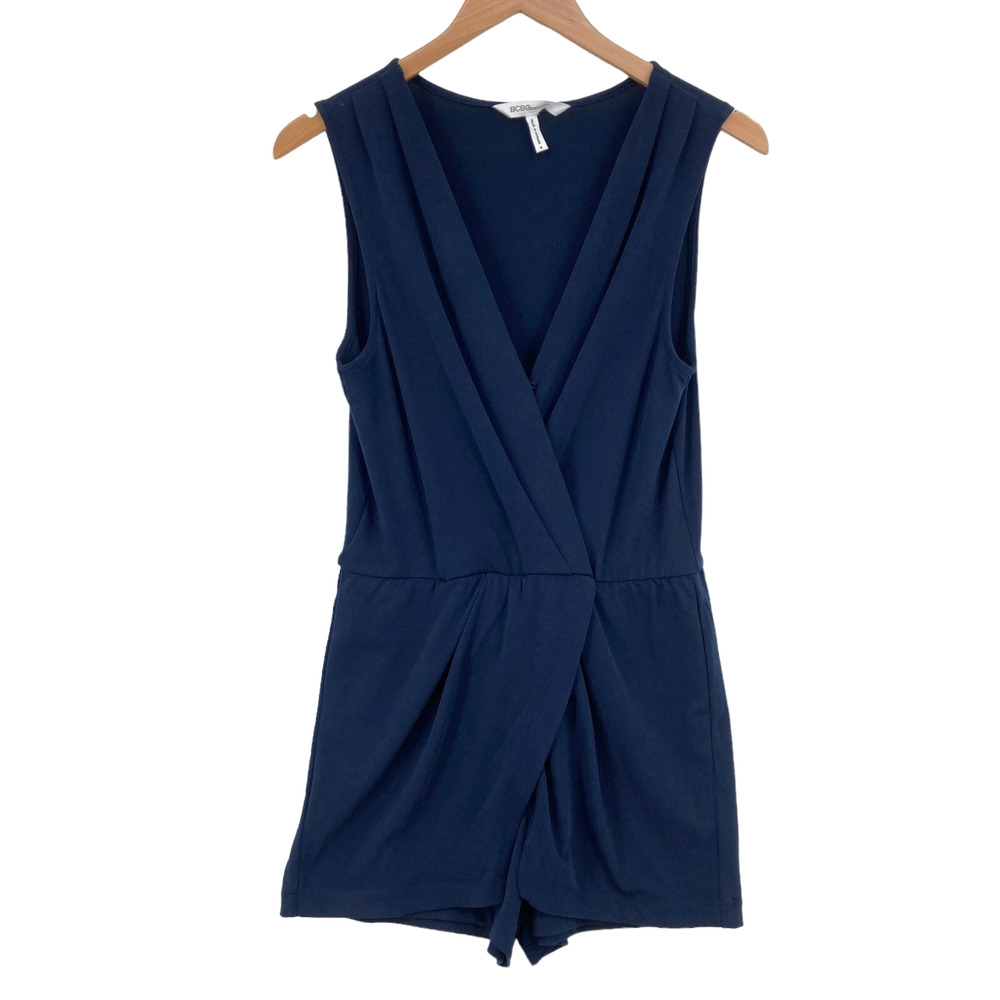 BCBG Generation Romper Womens Small Navy Knit Wrap V-Neck Wide Straps Pull On
